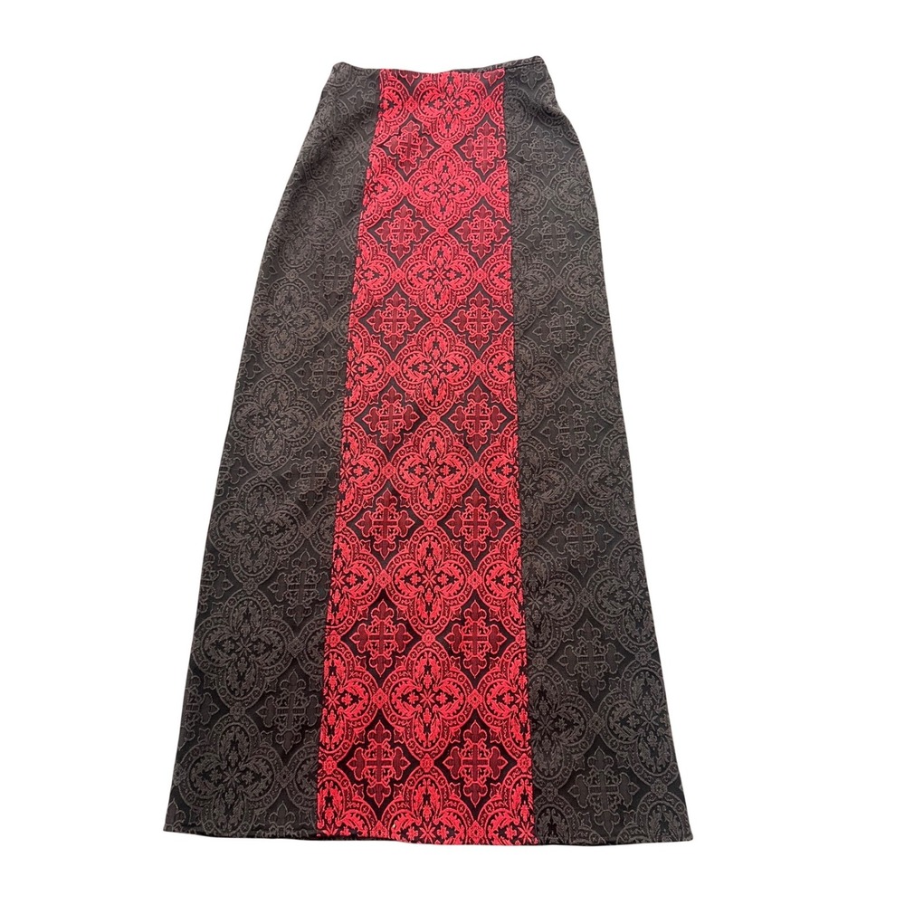 Morbid Threads Maxi Skirt Womens XS Black Red Gothic Damask Cross Slit Y2K Goth